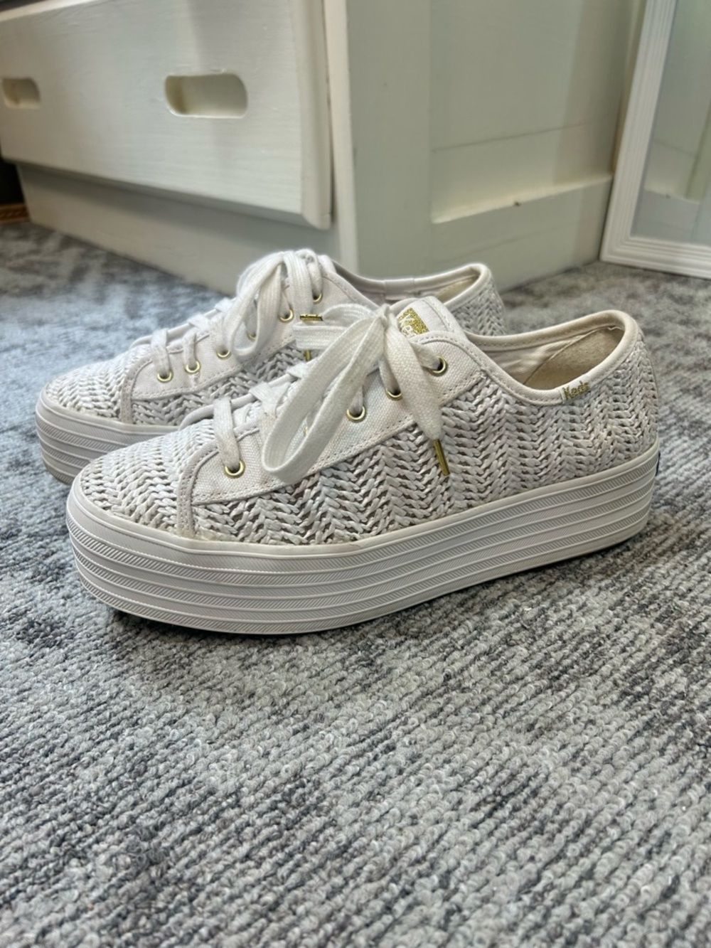 Keds Triple Up Raffia Woven Platform White Tennis Shoes Lace Up Sneakers✨